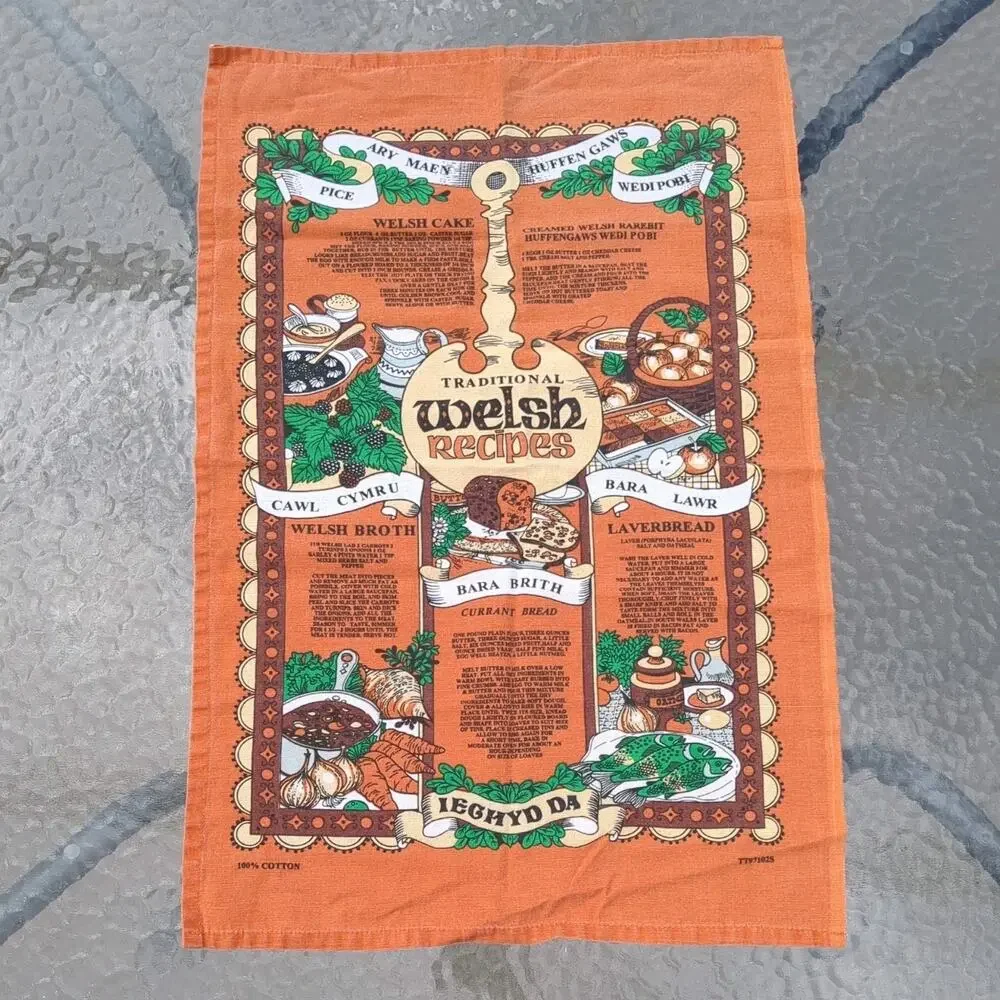Traditional Welsh Recipes Tea Towel Cottagecore Kitchen Culinary Linen 70s vibe